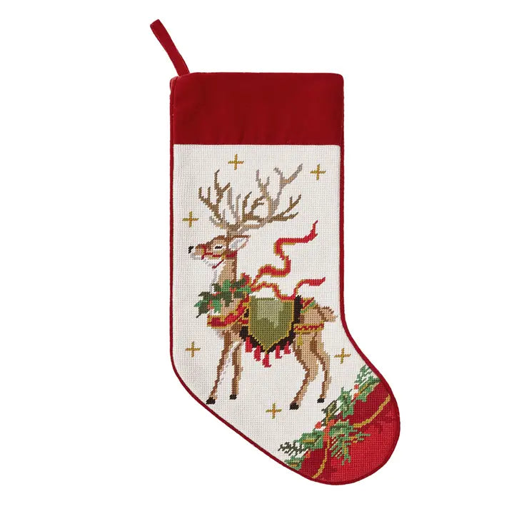 Reindeer With Wreath Embroidered Stocking