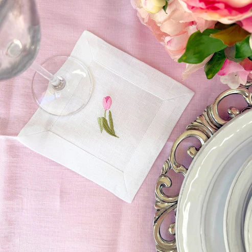 Pink Tulip Linen Cocktail Napkin Set