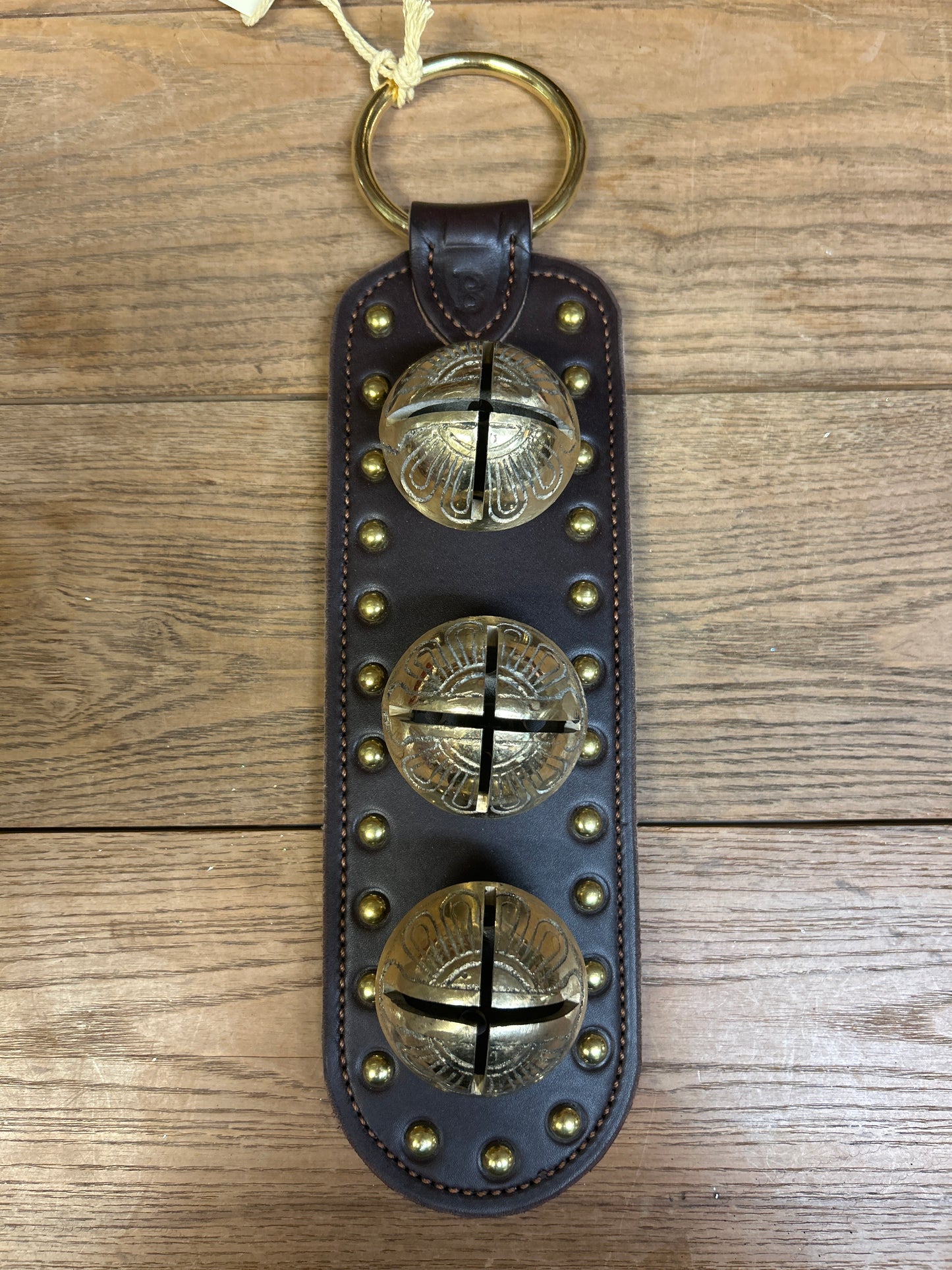 3 Large Solid Brass Bells - Stitched & Studded Doorhanger