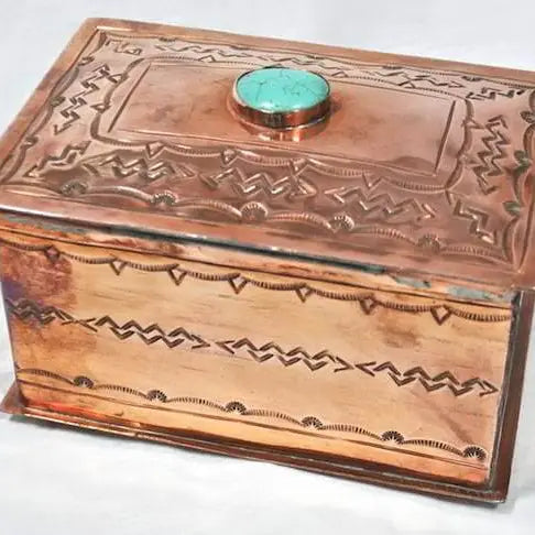 Stamped Medium Copper Box with Turquoise