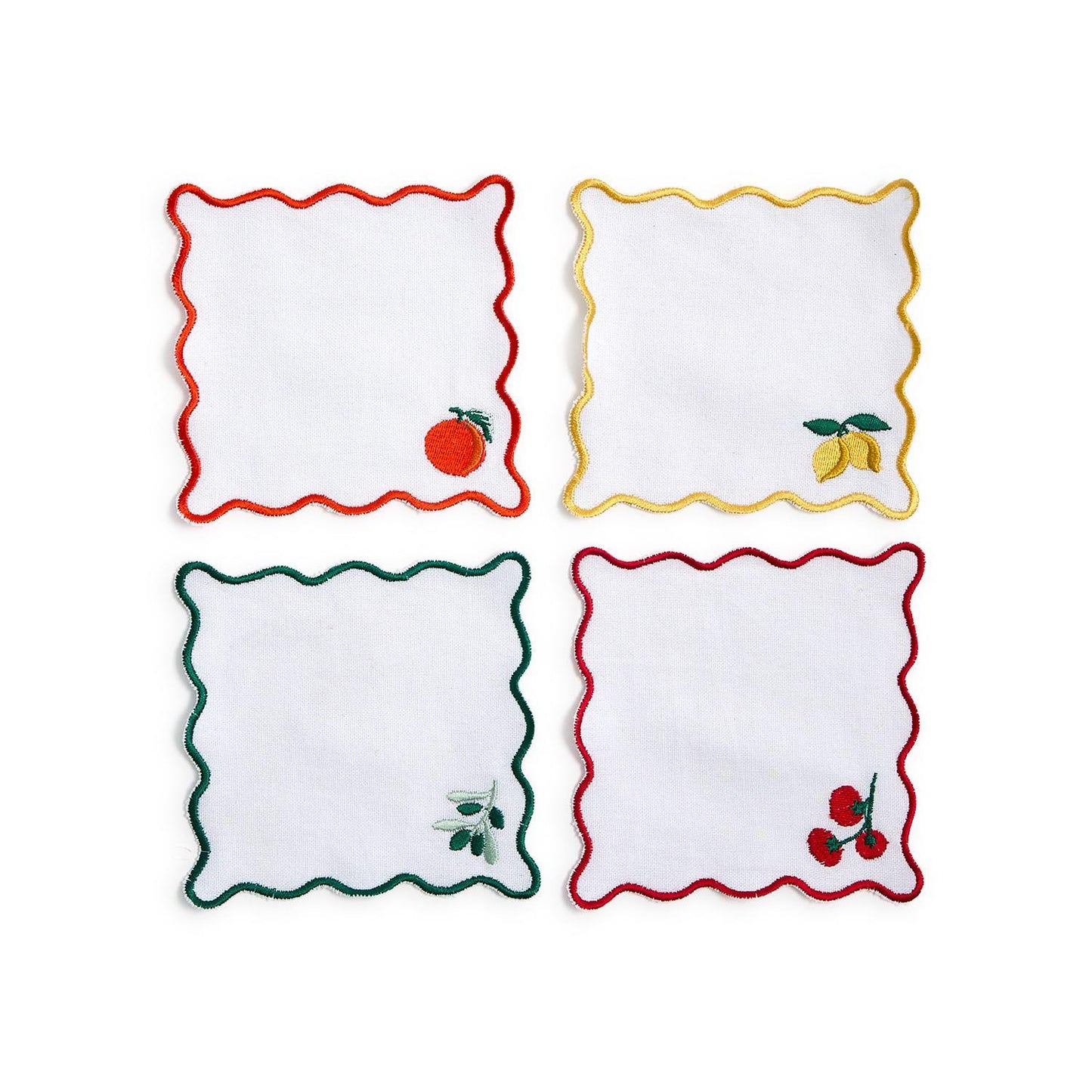 Fruit Cocktail Set of 4 Embroidered Cocktail Napkins with Wavy Edge
