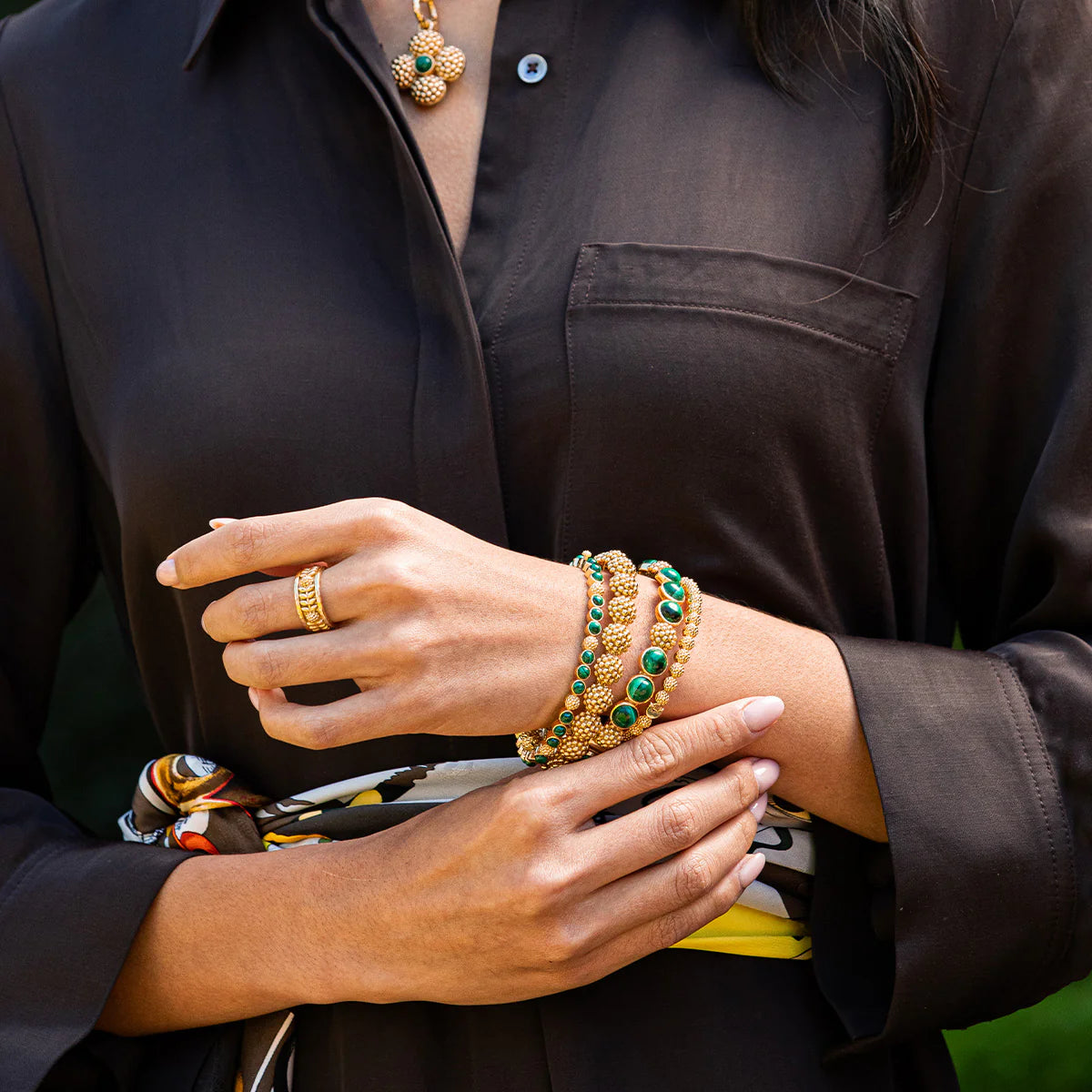 Berry Gem Hinged Bangle - Malachite
