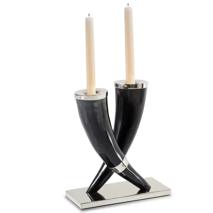 Dark Horn & Silver Candleholder