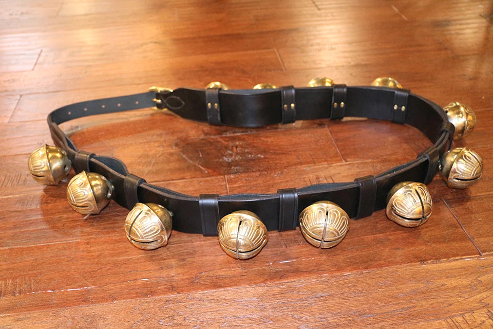 12 of #15 (Largest) Solid Brass Belsnickel Bells - 2-ply Strap - Buckle