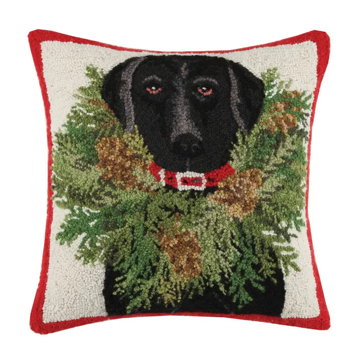 Black Lab with Wreath Hook Pillow - Mary Lake Thompson