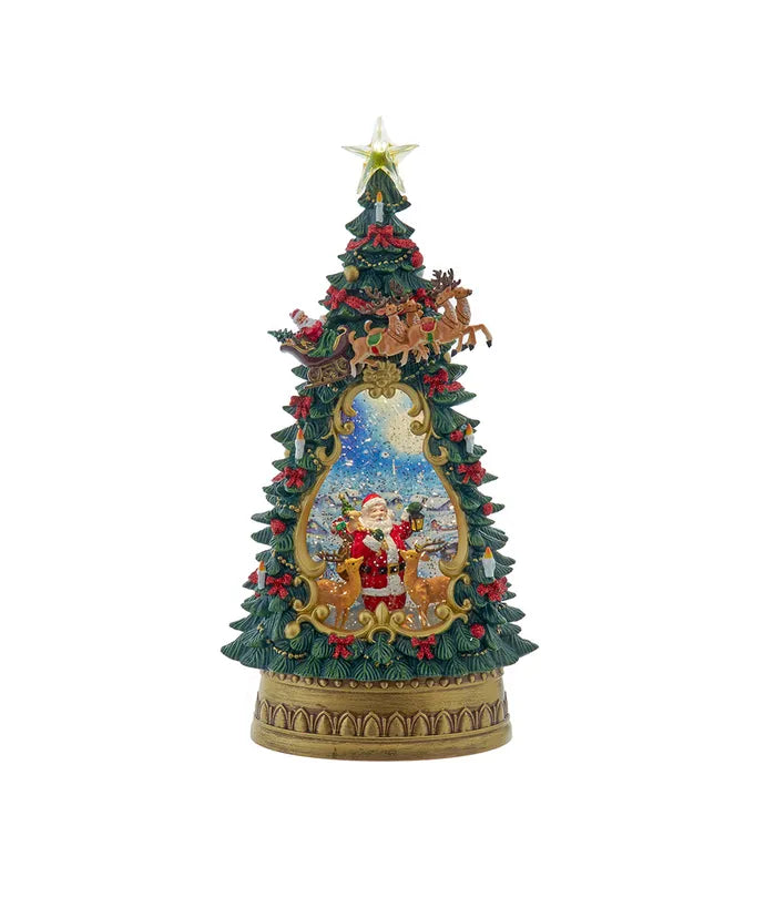 13.5" Battery Operated USB LED Lighted Santa & Deer Treetop With Spinning Glitter Water