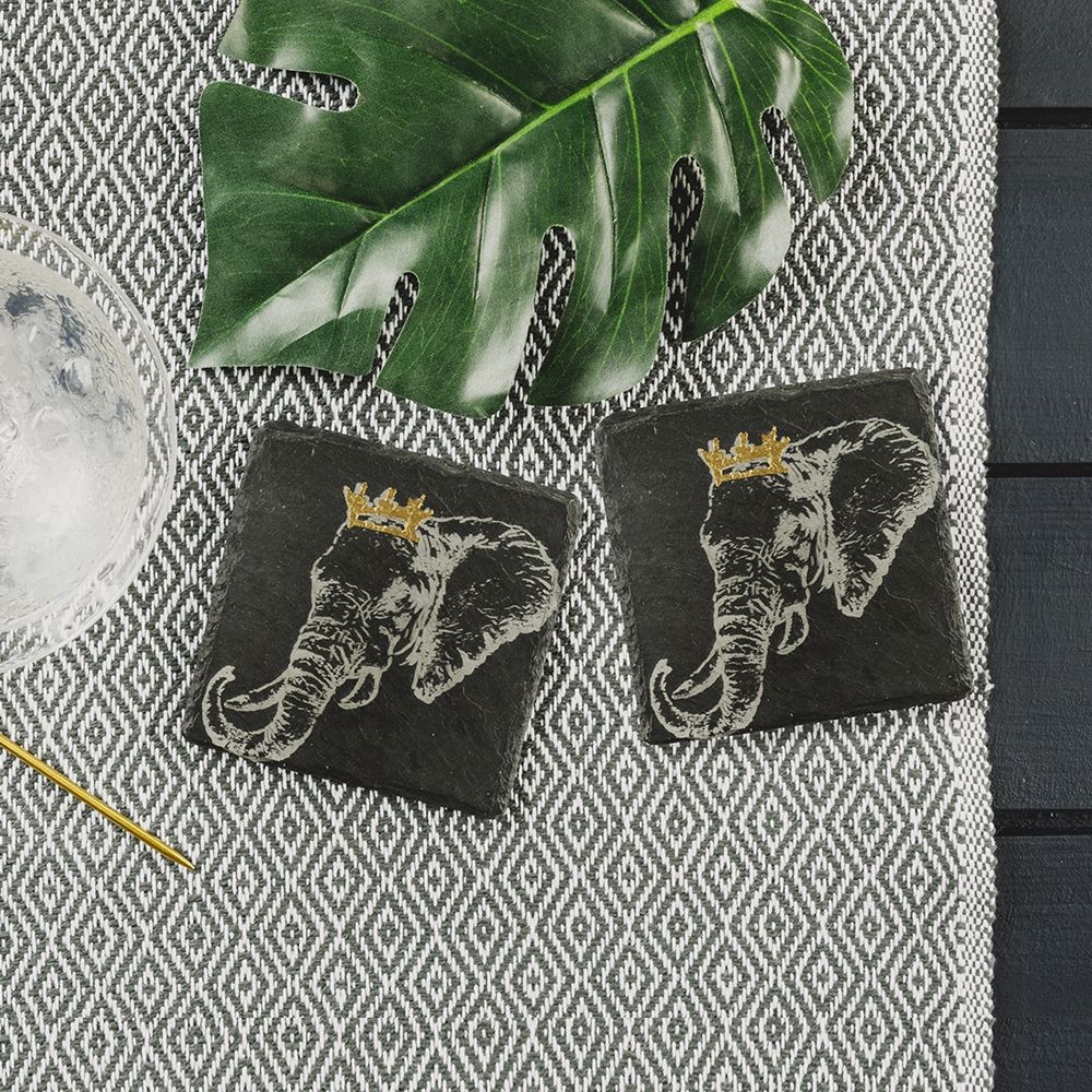 2 Gold Crown Elephant Slate Coasters