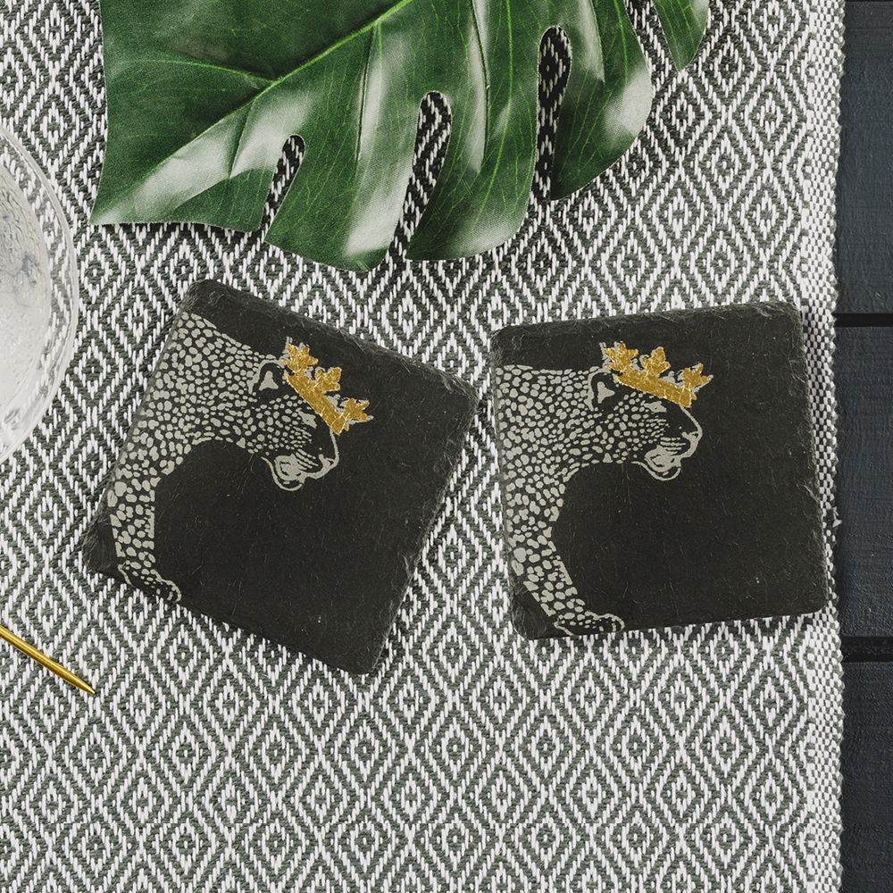 2 Gold Crown Leopard Slate Coasters