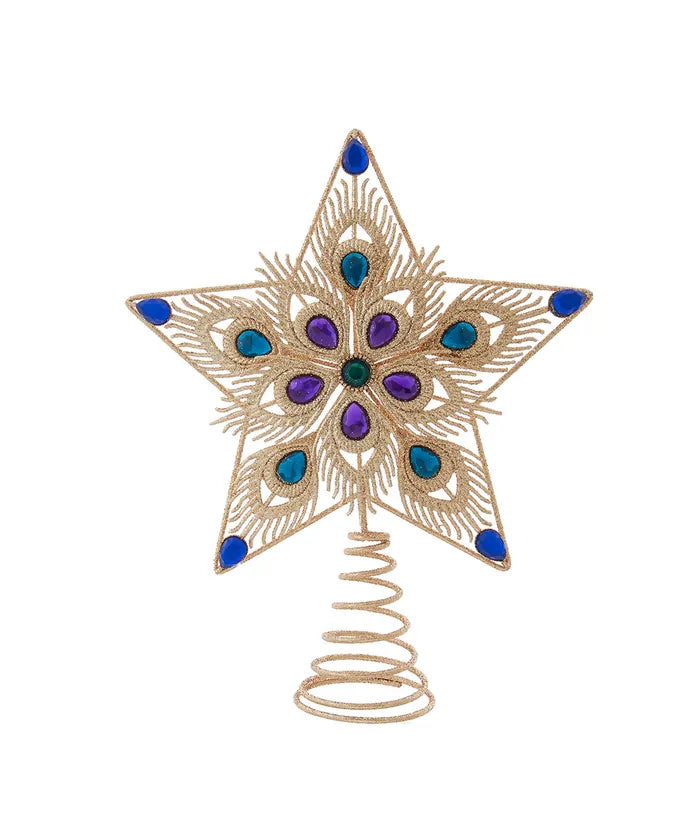 11.5" Gold Glittered With Peacock Colored Gemstones Star Treetop