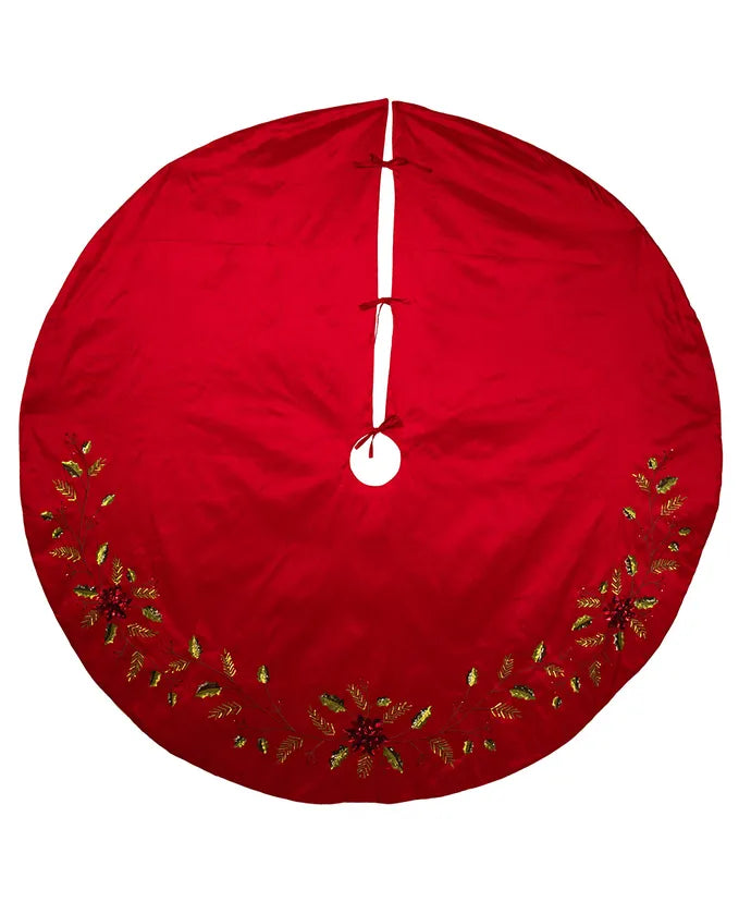72" Red Dupion With Multi Sequin Poinsettia & Holly Leaves Tree Skirt