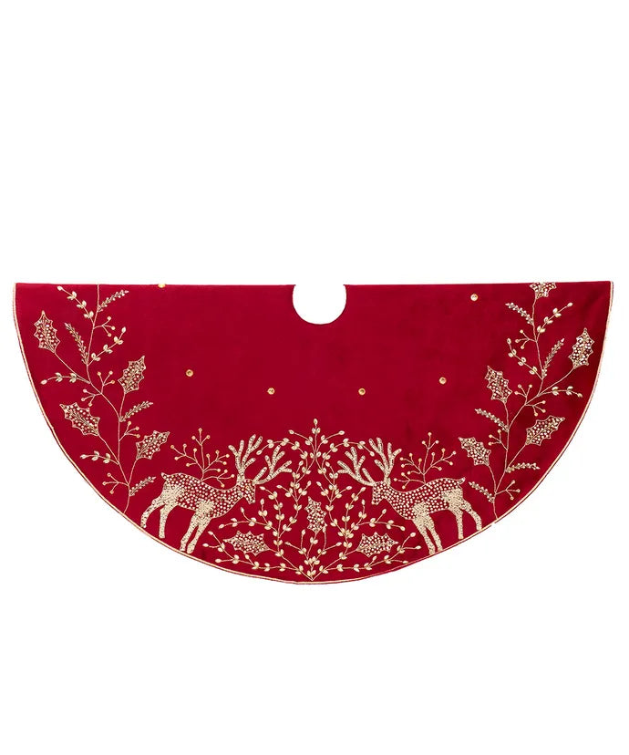50" Reindeer Hand Embroidered Tree Skirt