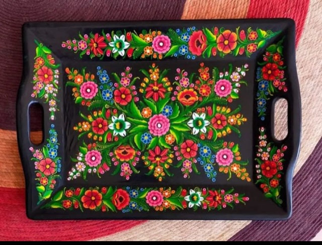 Hand Carved Black Wooden Tray with Flowers