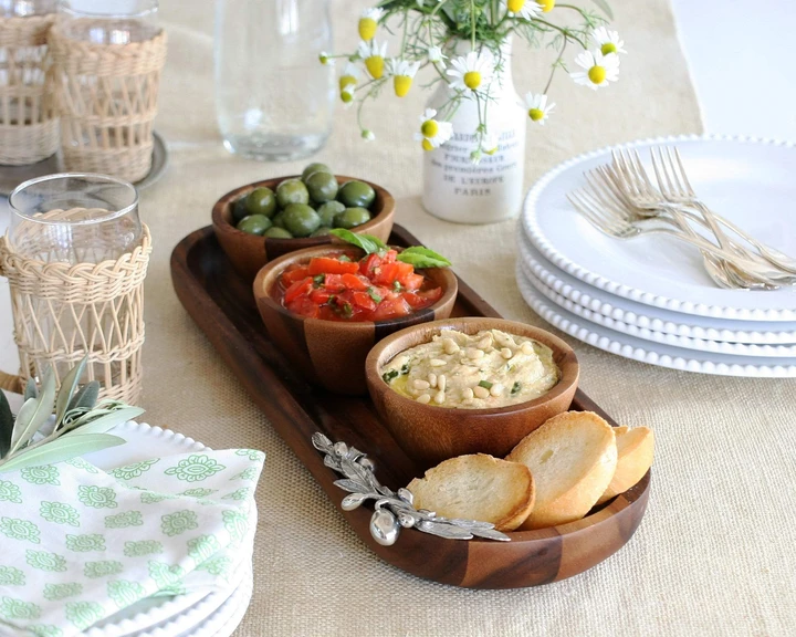 Olive Baguette Tray with Wood Bowls