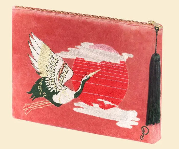 Velvet Zip Pouch - Crane at Sunrise in Petal