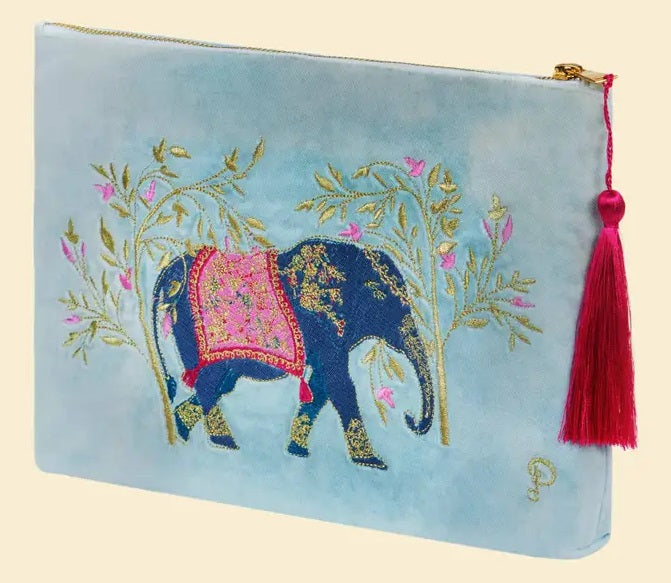 Velvet Zip Pouch - Elephant in Cornflower