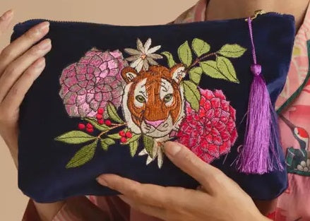 Velvet Zip Pouch - Floral Tiger Face in Indigo