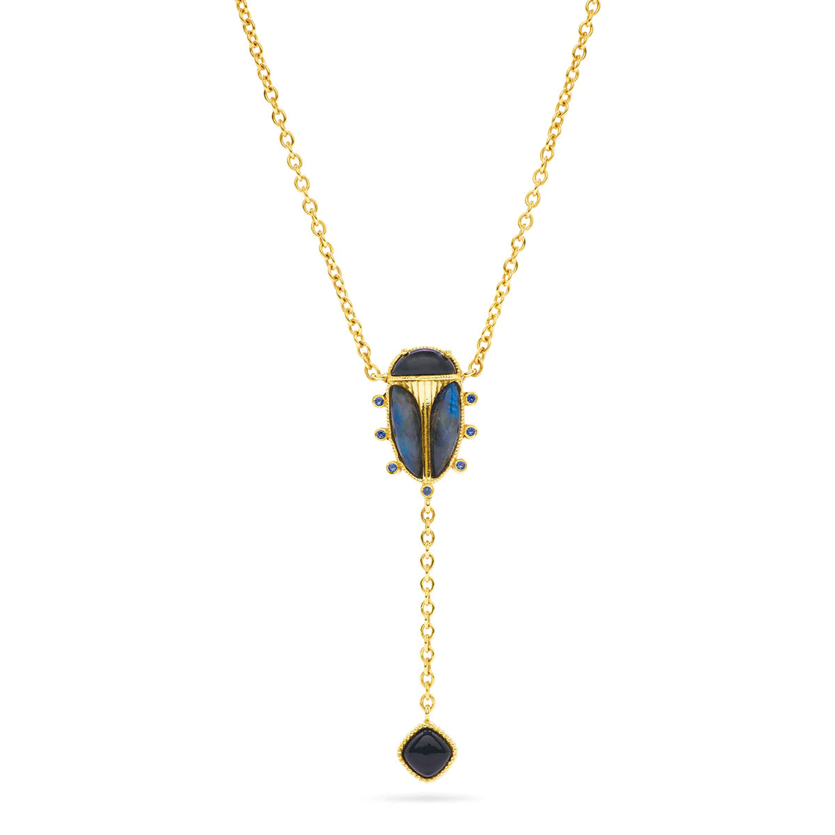 Scarab Lariat Necklace, 18"+2" - Blue Labradorite/Black Agate
