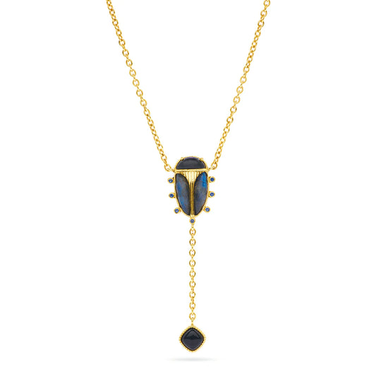 Scarab Lariat Necklace, 18"+2" - Blue Labradorite/Black Agate