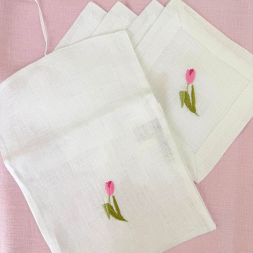 Pink Tulip Linen Cocktail Napkin Set