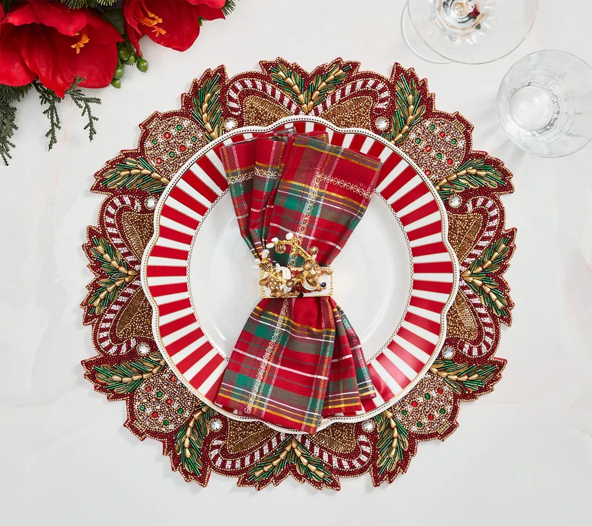 Candy Cane Bow Placemat in Red, Green & Gold, Set of 2