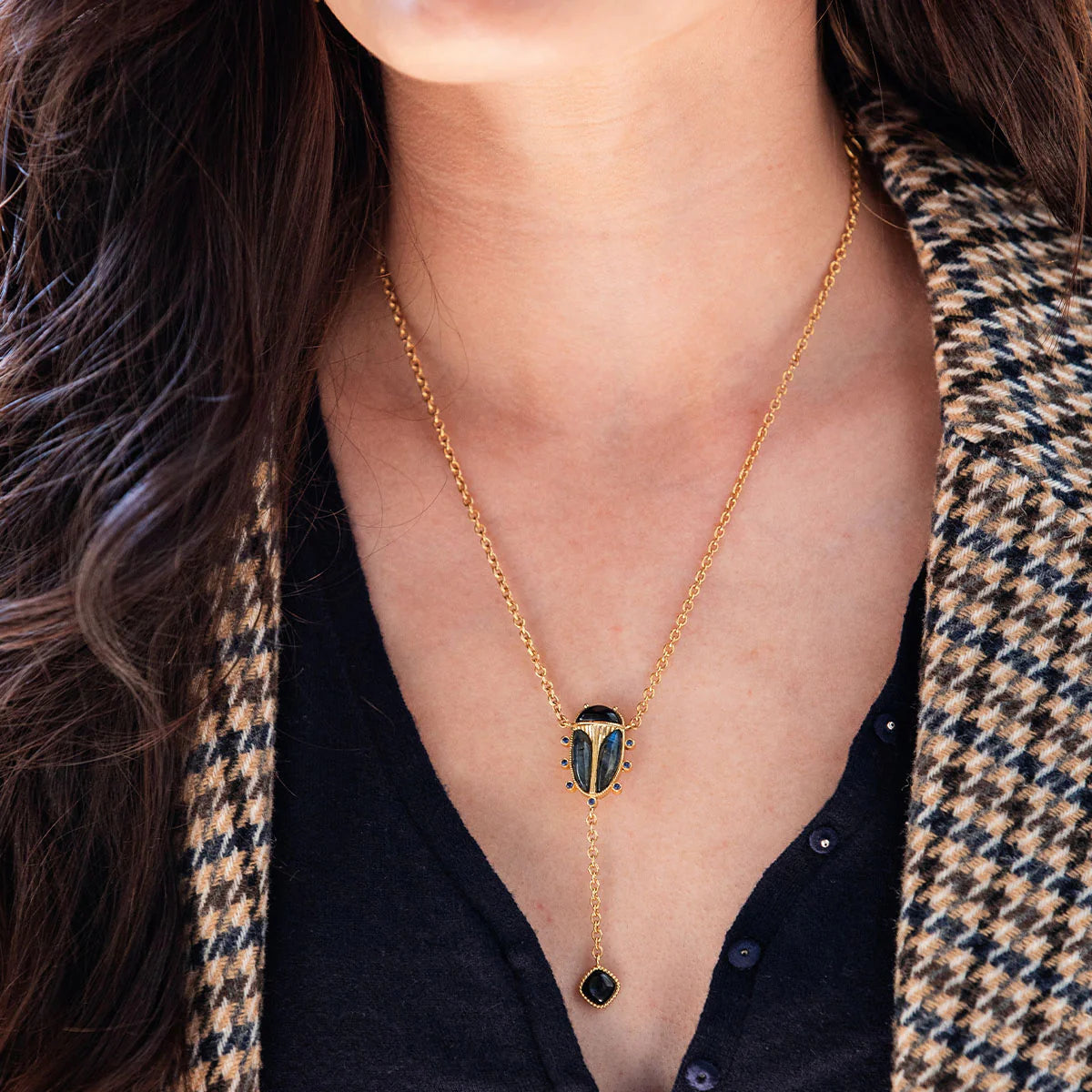 Scarab Lariat Necklace, 18"+2" - Blue Labradorite/Black Agate