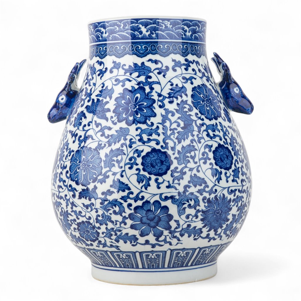 Deer Handle Round Vase Blue And White Filigree