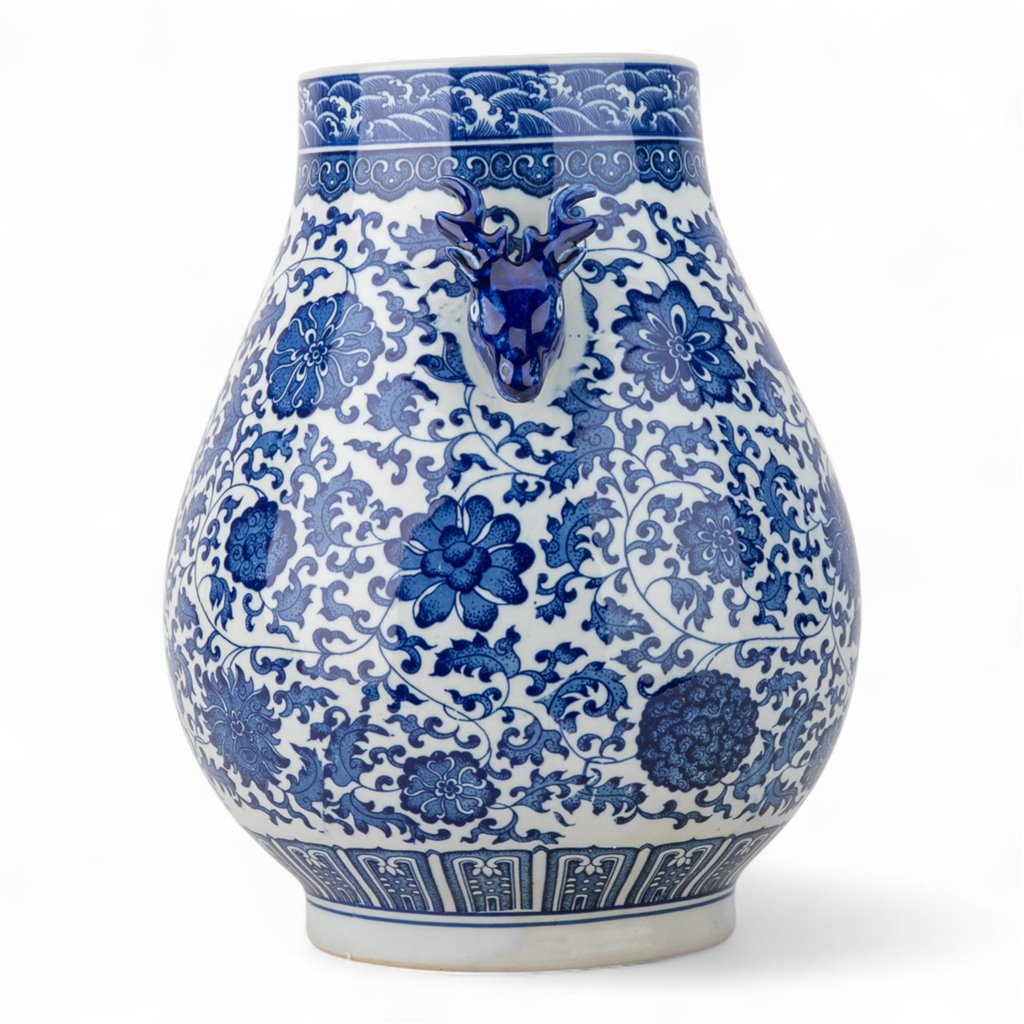 Deer Handle Round Vase Blue And White Filigree
