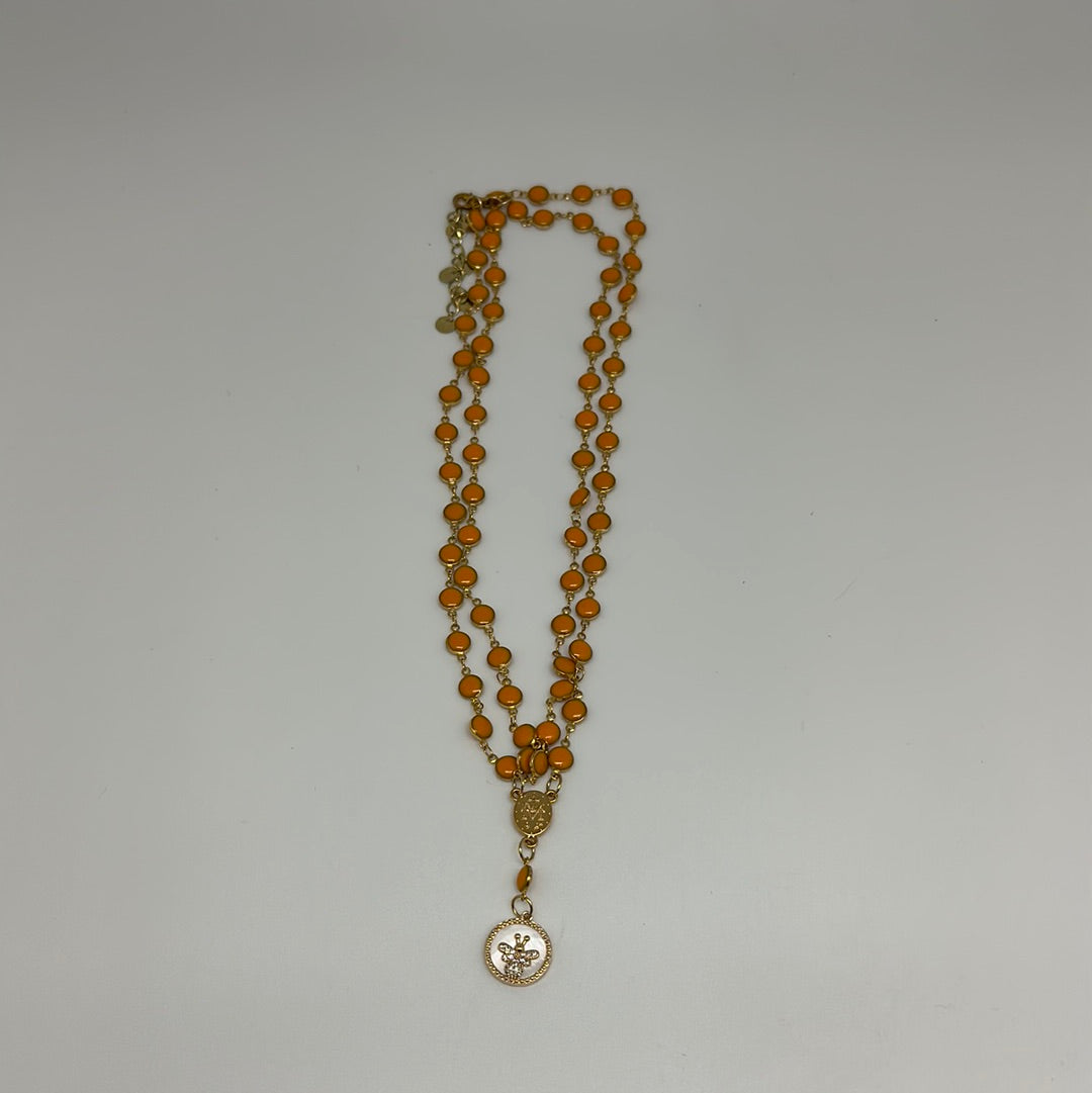 Orange Coral Double Necklace with Mother Mary