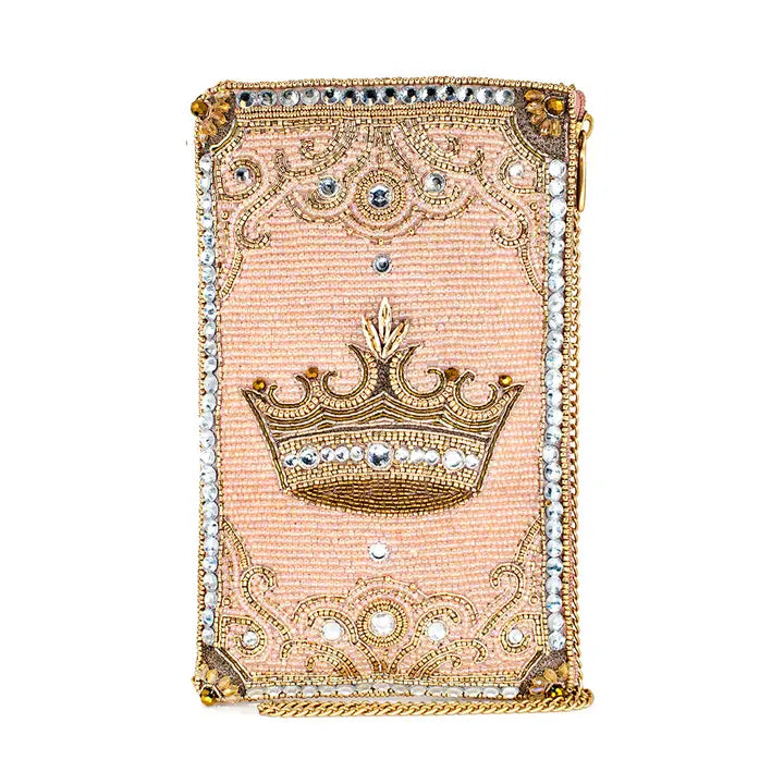 Crowned Jewel Beaded Pink and Gold Crown Crossbody Phone Bag