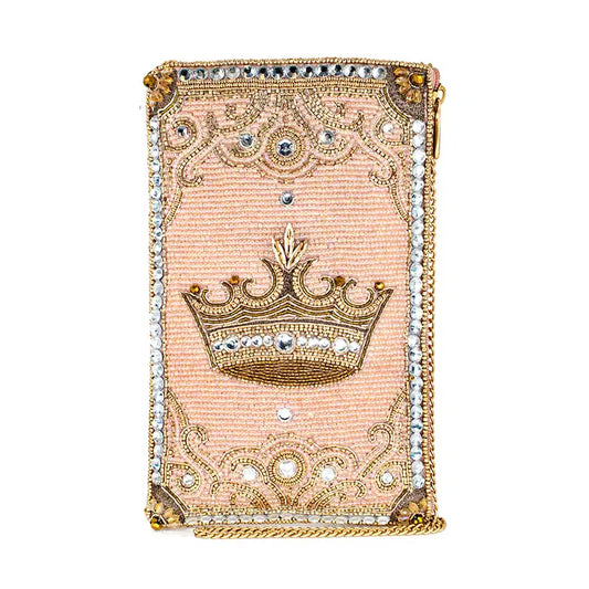Crowned Jewel Beaded Pink and Gold Crown Crossbody Phone Bag