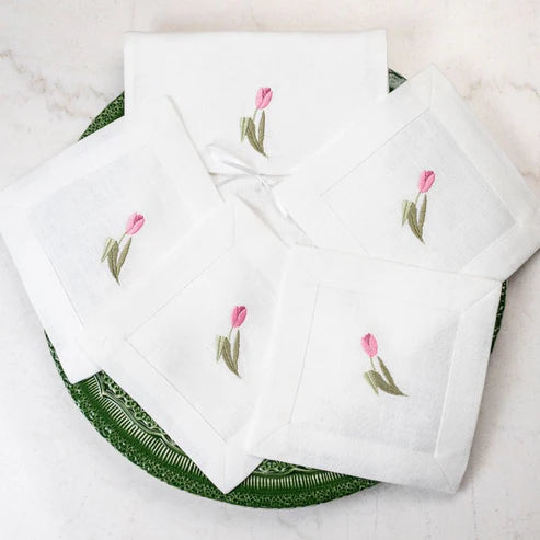 Pink Tulip Linen Cocktail Napkin Set