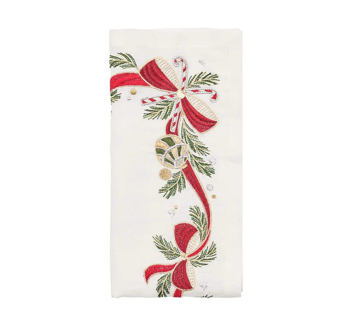 Tinsel Bow Napkin in White, Red & Green, Set of 4