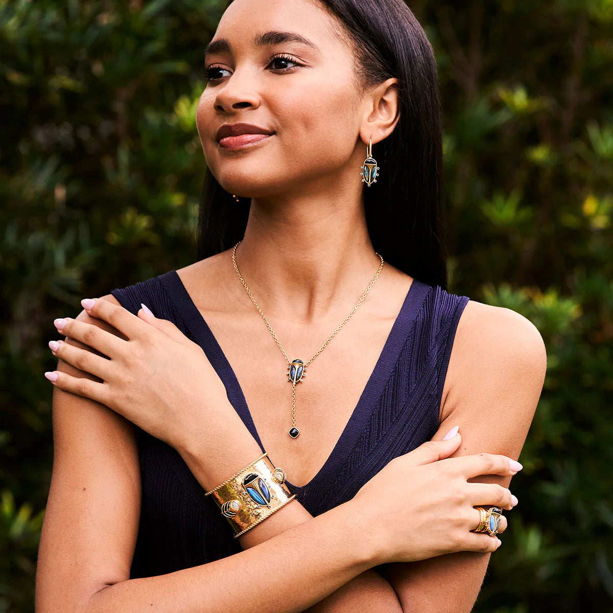 Scarab Lariat Necklace, 18"+2" - Blue Labradorite/Black Agate