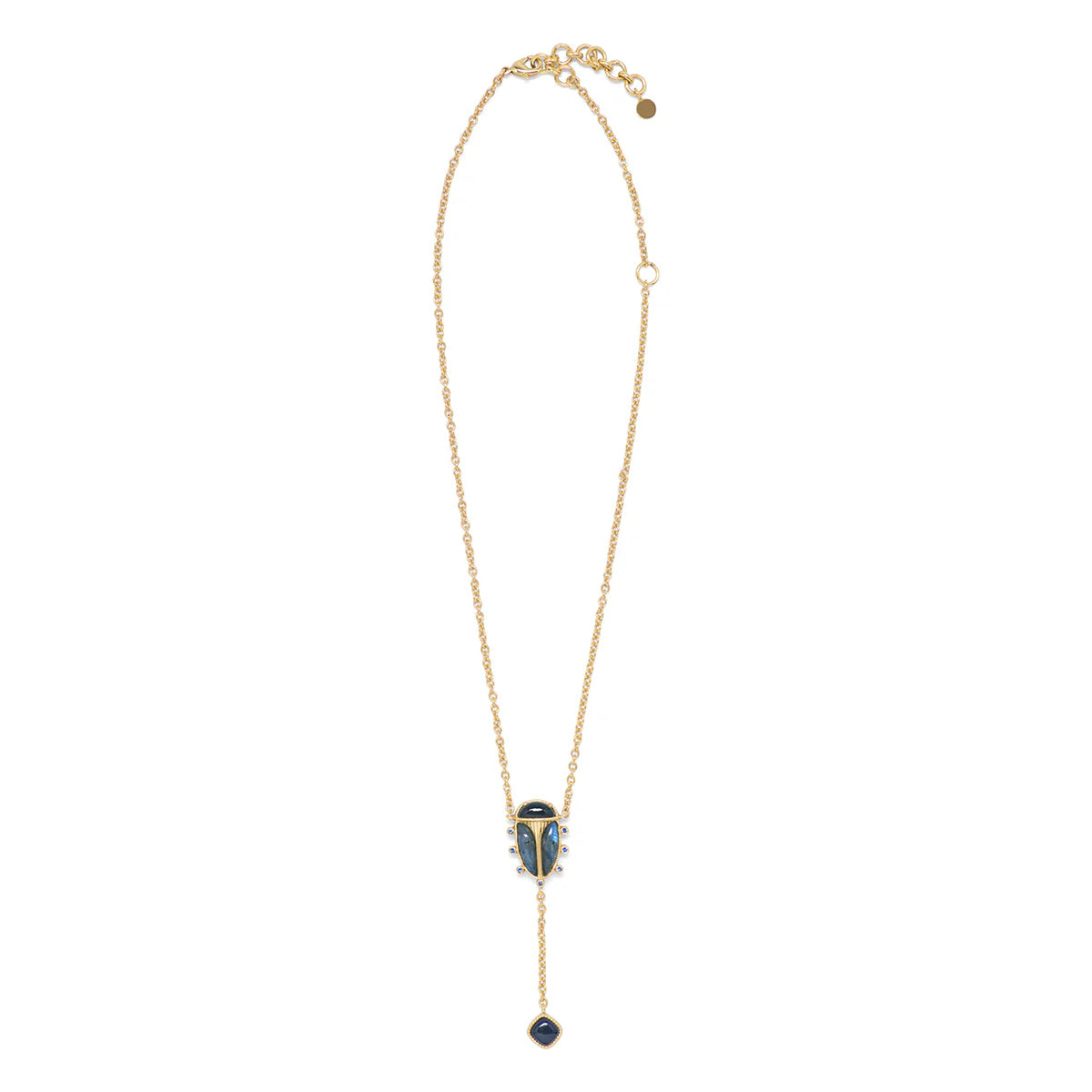 Scarab Lariat Necklace, 18"+2" - Blue Labradorite/Black Agate